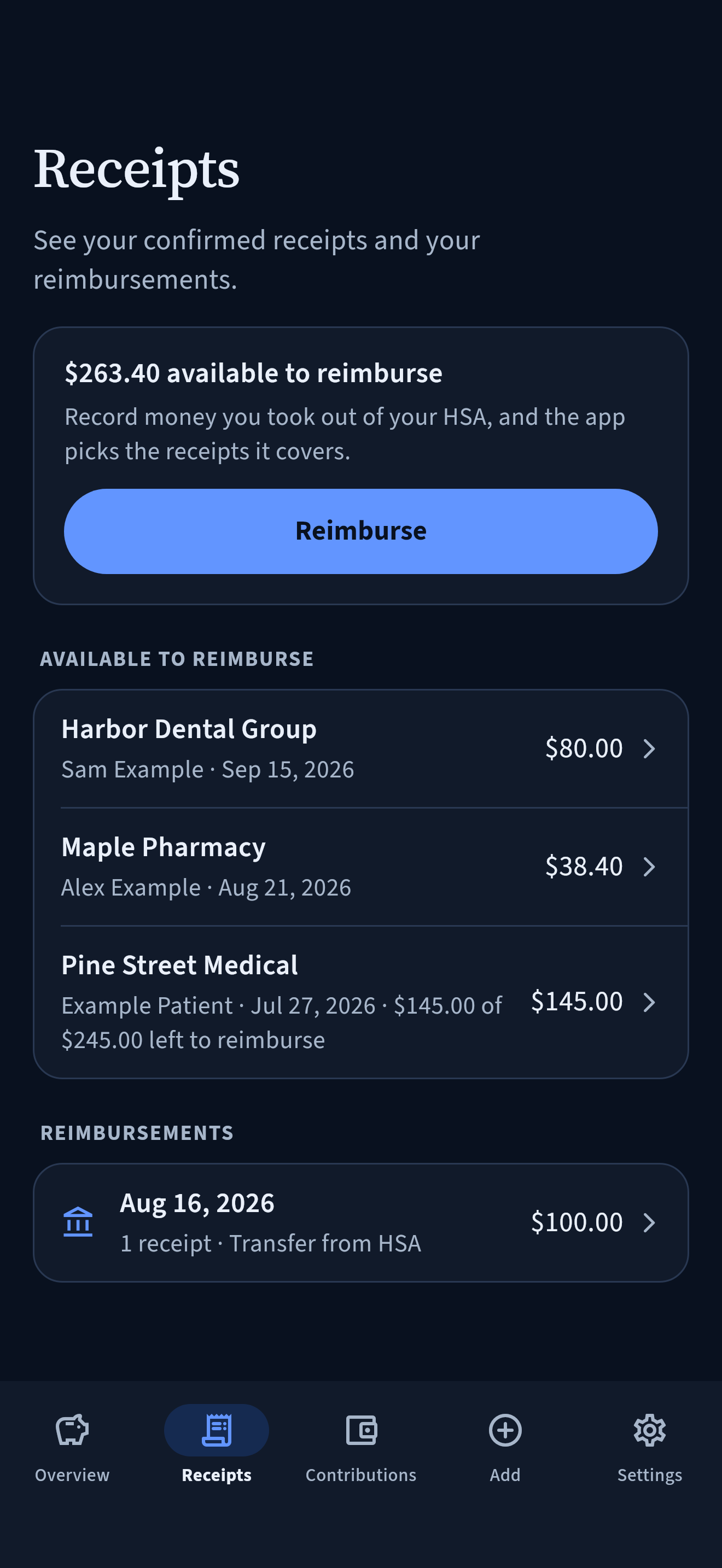 HSA Assistant Receipts screen in dark appearance: $263.40 available to reimburse, three confirmed receipts and one reimbursement