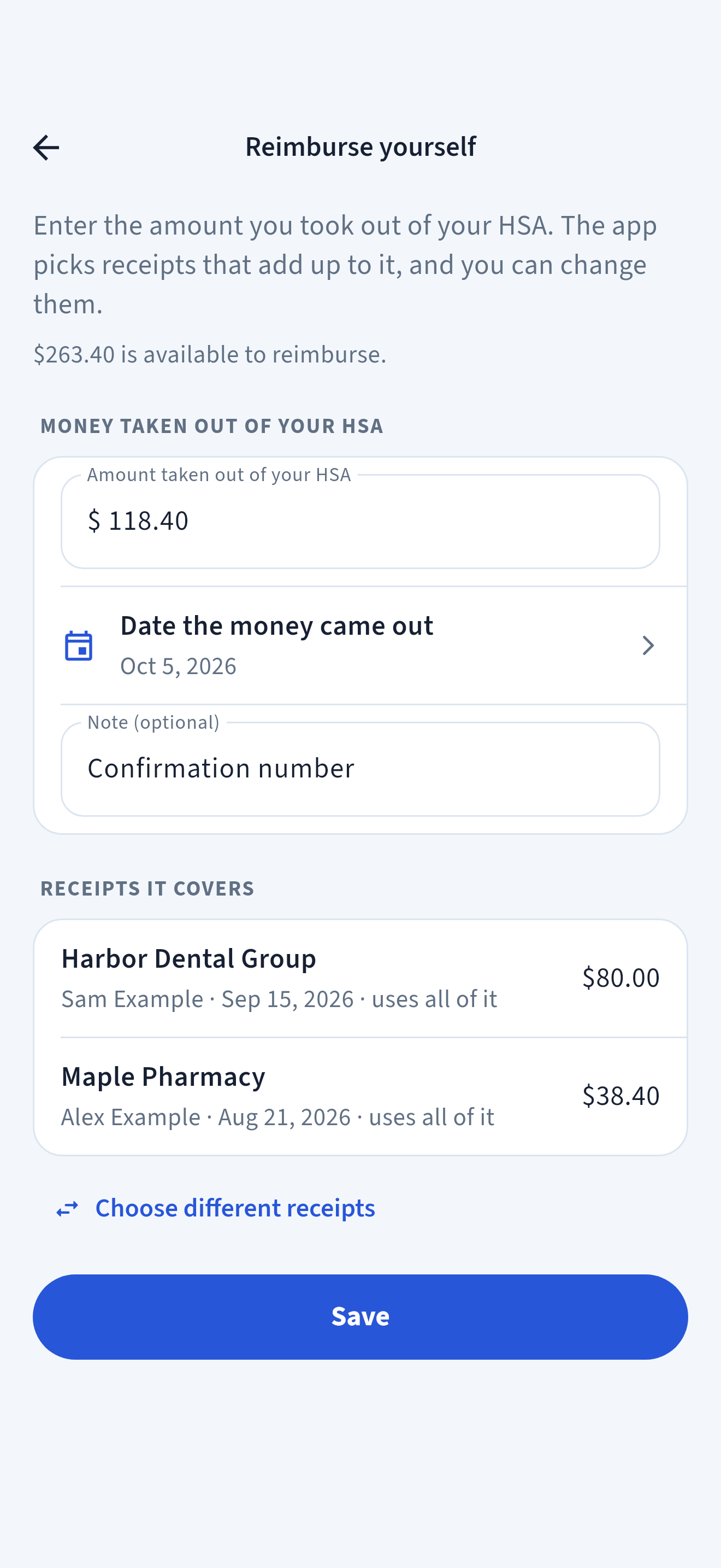 HSA Assistant Reimburse yourself screen in light appearance: enter the amount taken out of your HSA, the date and an optional note, such as a confirmation number