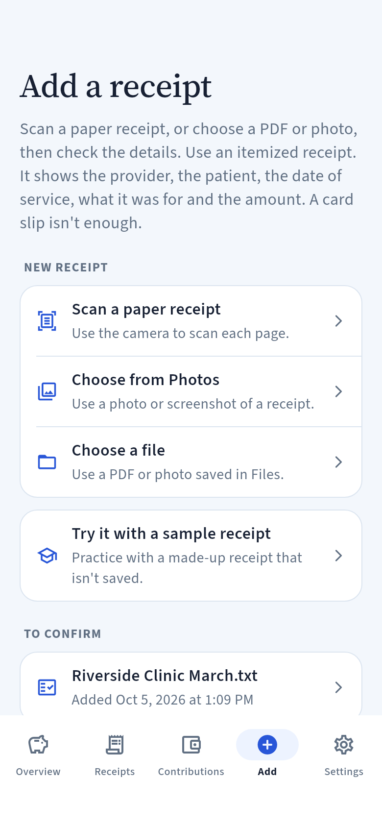 HSA Assistant Add tab: Scan a paper receipt, Choose from Photos, Choose a file, Try it with a sample receipt, and one receipt waiting under To confirm