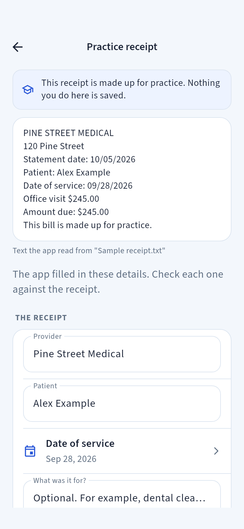 Check the receipt screen for a practice receipt: the receipt, then Provider Pine Street Medical, Patient Alex Example, Date of service, What was it for? and Amount