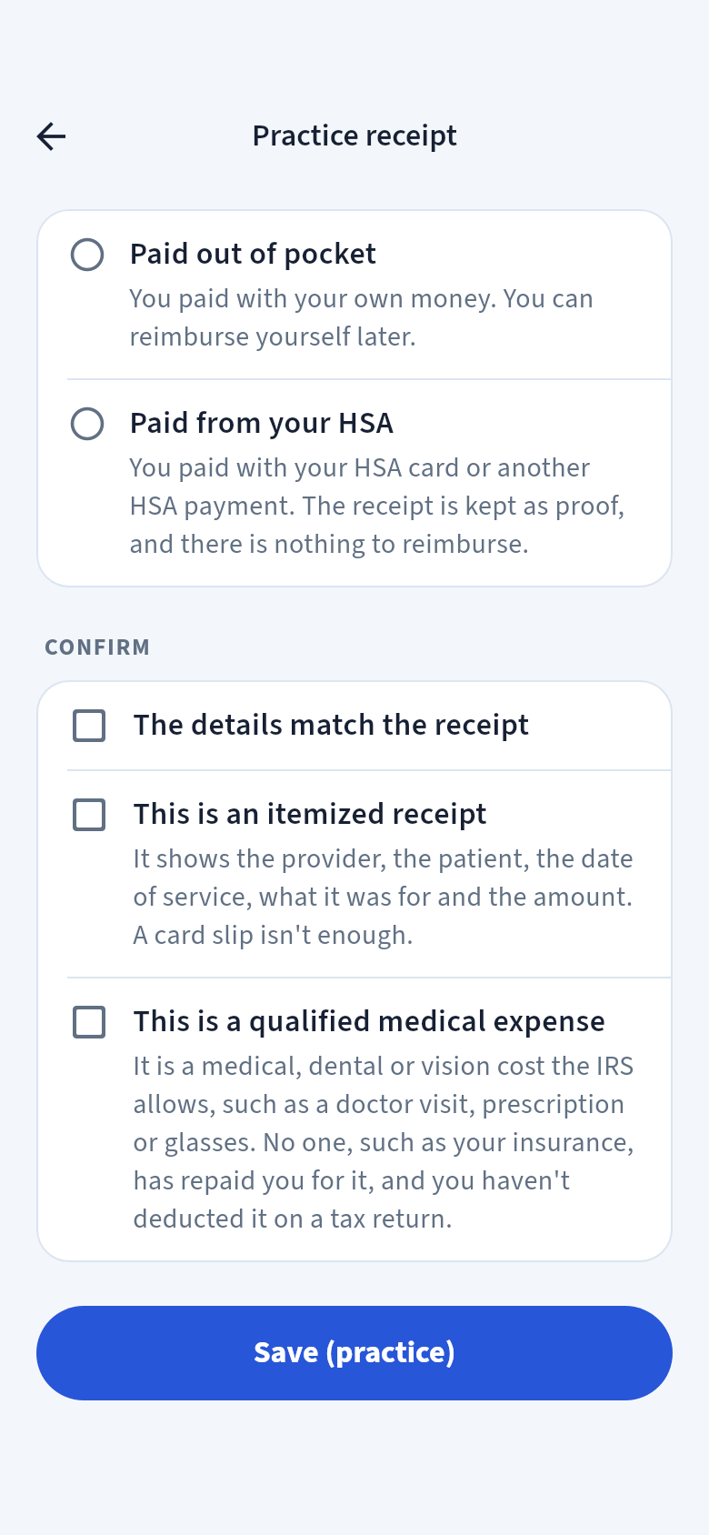 The bottom of Check the receipt: Payment, with Paid out of pocket and Paid from your HSA, then Date paid and the three Confirm boxes
