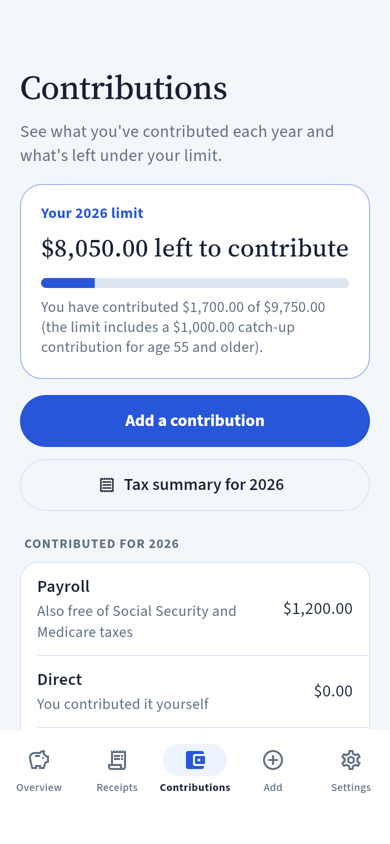 Contributions tab: Your 2026 limit, $8,050.00 left to contribute, $1,700.00 contributed of $9,750.00, a limit that includes a $1,000.00 catch-up contribution for age 55 and older, with Add a contribution and Tax summary for 2026