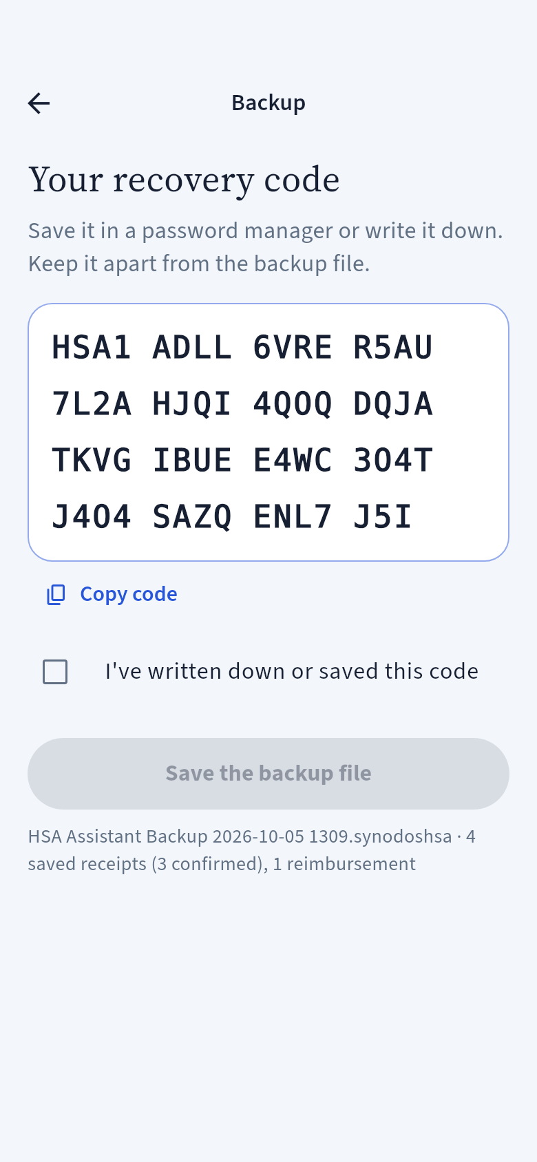 Your recovery code screen with a made-up code, Copy code, the I’ve written down or saved this code box, and Save the backup file
