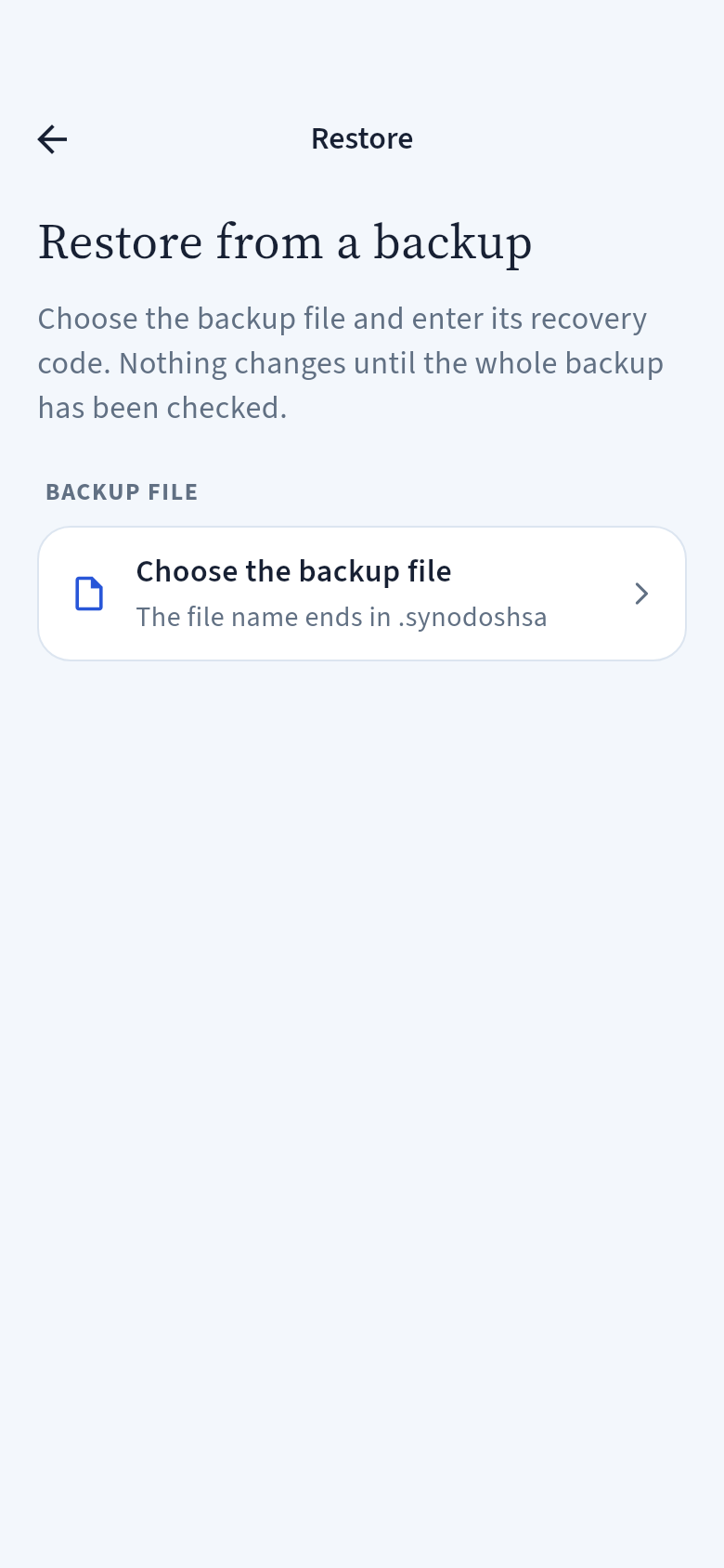 Restore from a backup screen: Choose the backup file, with the hint The file name ends in .synodoshsa
