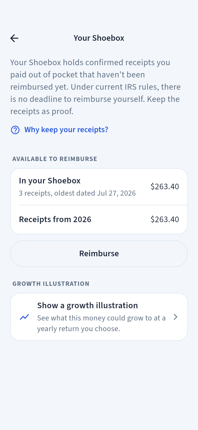 Your Shoebox screen: $263.40 available to reimburse from 3 receipts, Receipts from 2026, Reimburse, and Show a growth illustration