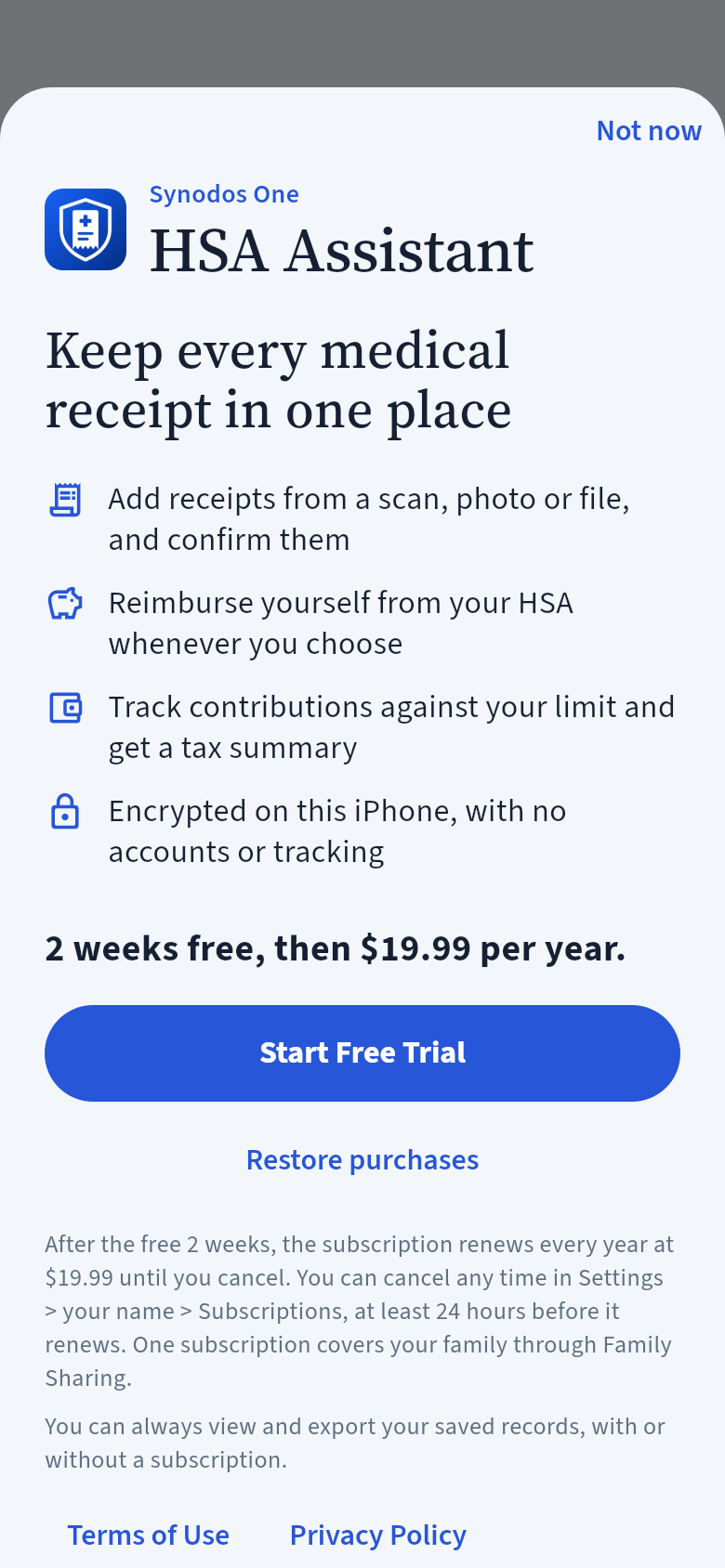 Subscription sheet: Keep every medical receipt in one place, what’s included, 2 weeks free, then $19.99 per year, Start Free Trial, Restore purchases